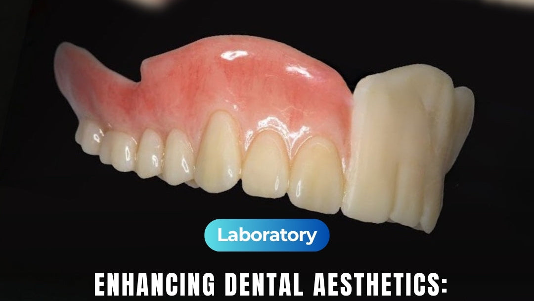 Dental prosthesis with text about enhancing dental aesthetics using NULE liquids on a black background.
